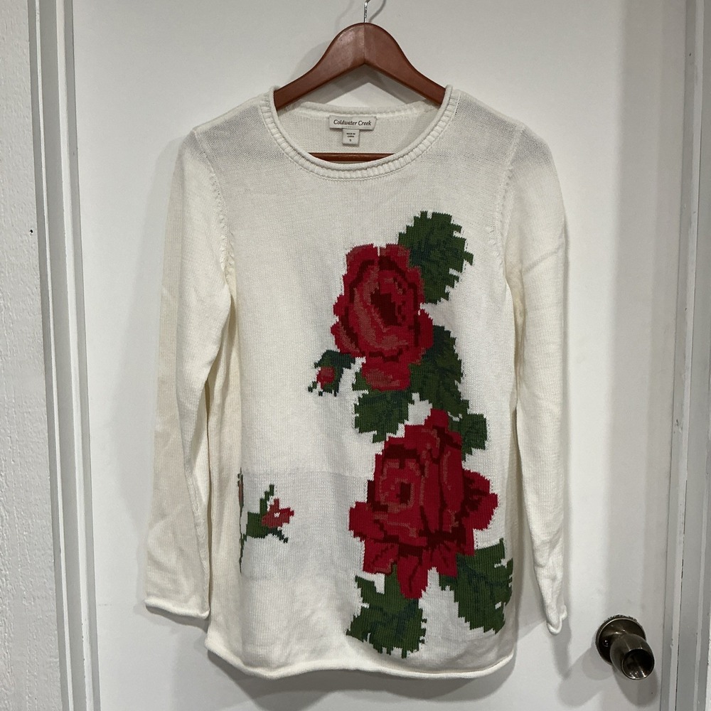 Coldwater Creek Sweater, Cream With Red Roses, Small, Lagenlook